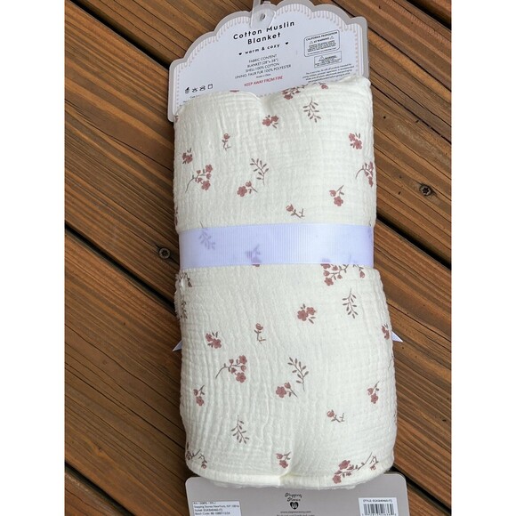 BONBINI Cotton Muslin Baby Blanket Stepping Stones Tiny Flowers Ivory Reversible - Picture 5 of 6